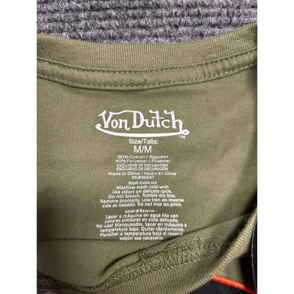Von Dutch Olive Green T-Shirt M Logo Embroidery Front Print Back Casual Wear Dur - Picture 3 of 5